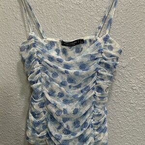 Nasty Gal White and Blue Floral Ruched Mesh Cami